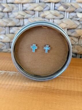 925 Silver Sparkly Cross With Faux Turquoise Inlay Post Stud Earrings